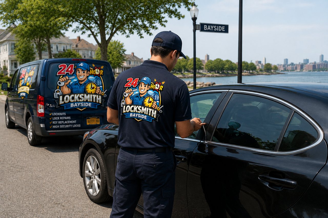 24 Hour Locksmith Bayside locksmith with a key kit on Bell Boulevard, Bayside Queens